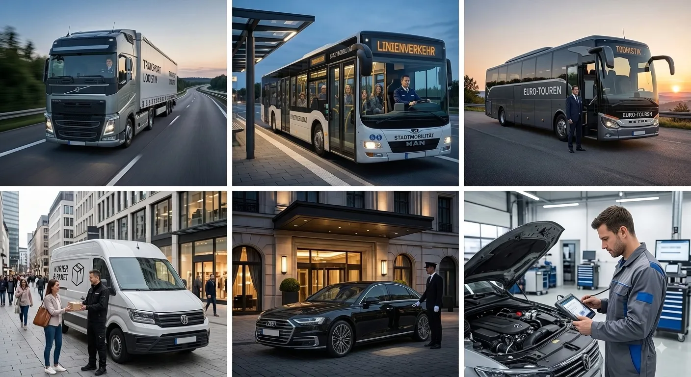 Übersicht unserer Berufsgruppen: LKW-, Linienbus-, Reisebus- und KEP-Kurierfahrer, Chauffeure sowie Nutzfahrzeug-Mechatroniker